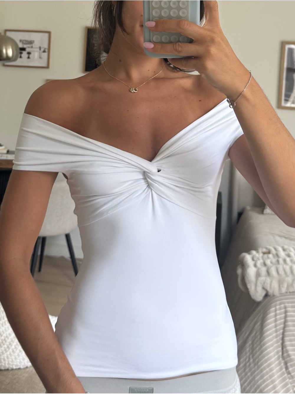 Aritzia White Off-Shoulder Knot Front Camisole